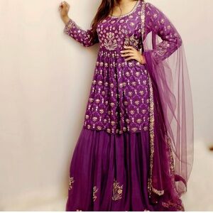 Purple and silver mirror and thread work lehenga